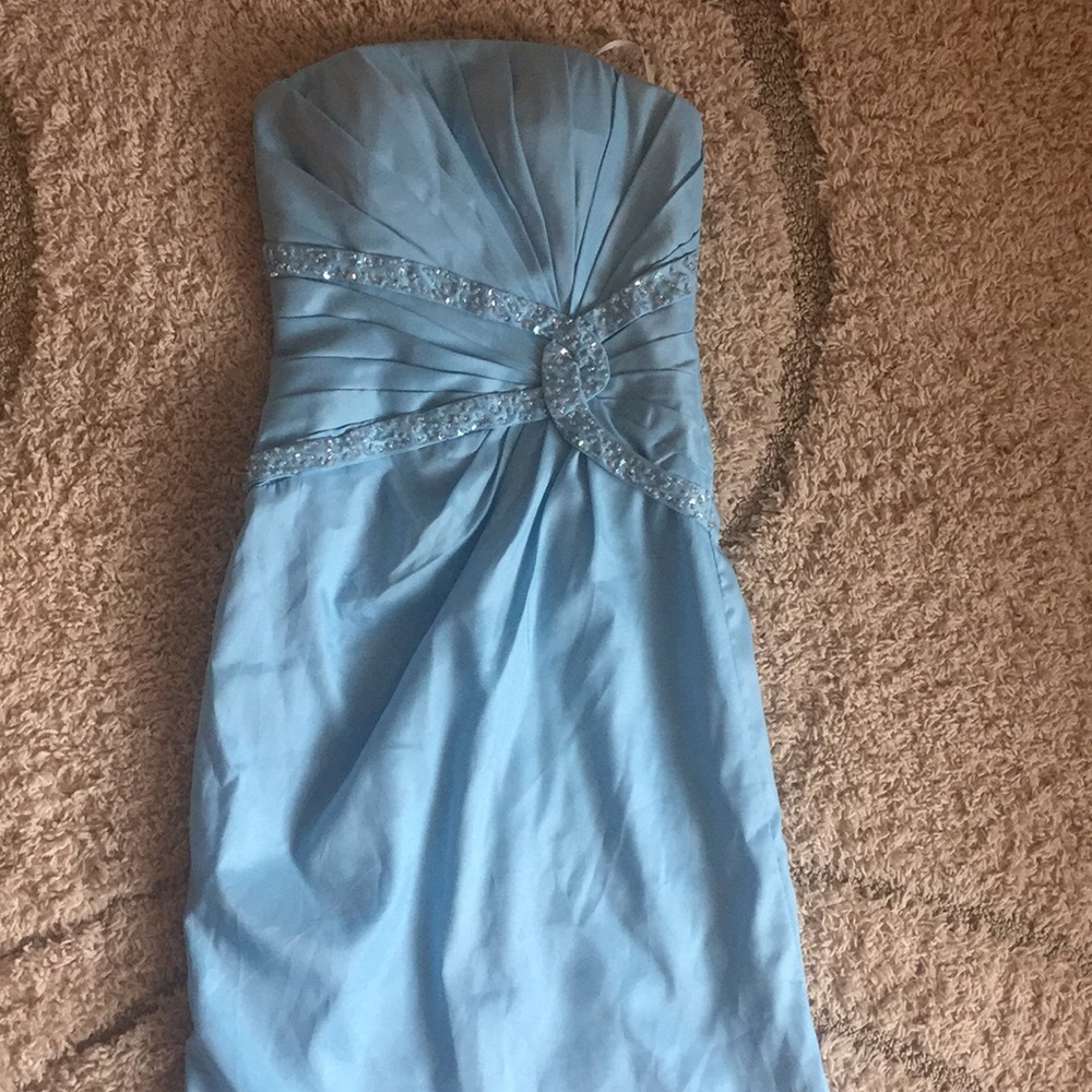 Baby blue full length strapless dress